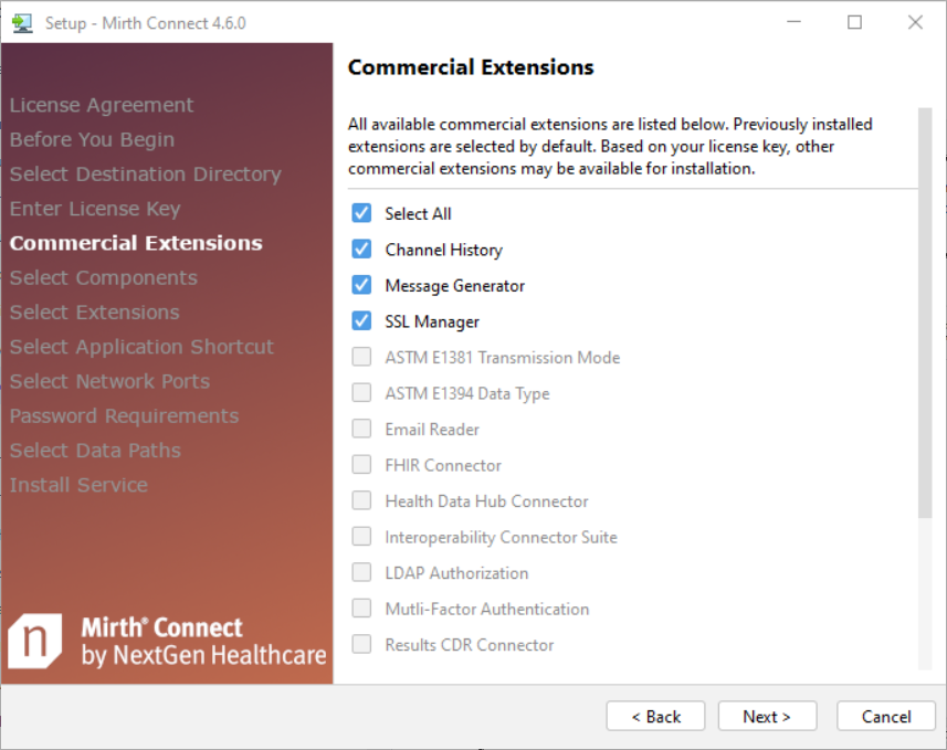 Image of the Commercial Extensions window of the setup wizard