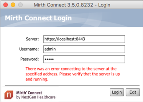 Login window with error displayed.
