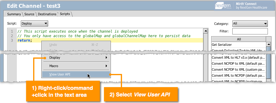 Image of the process of viewing the user API from the JavaScript Editor.