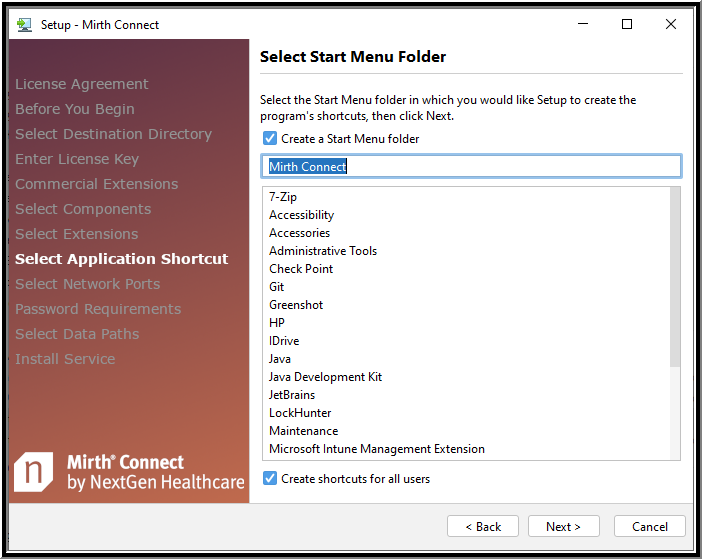 An image of the Select Start Menu Folder window of the Setup Wizard.