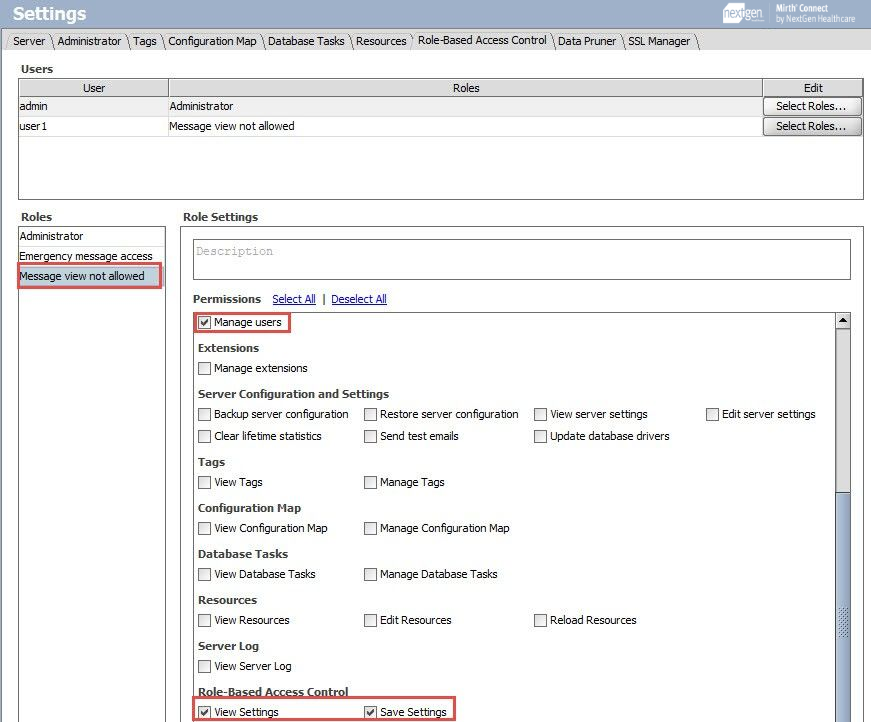 Role settings for the Message view not allowed role