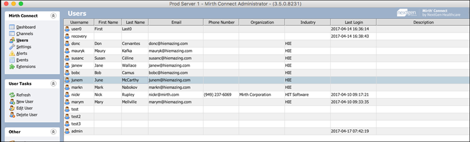 Image of the users table used to view user information