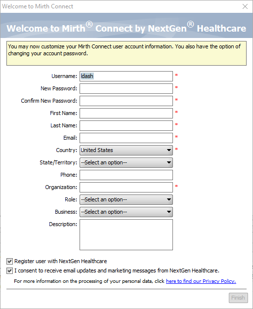 Image of the account setup window used to set up your account.