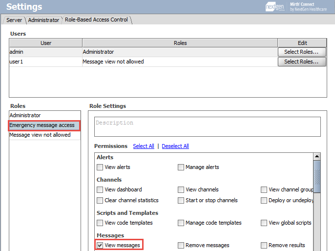 Settings view to assign user roles