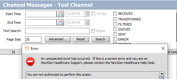 Error message displayed when trying to view messages without the proper user role