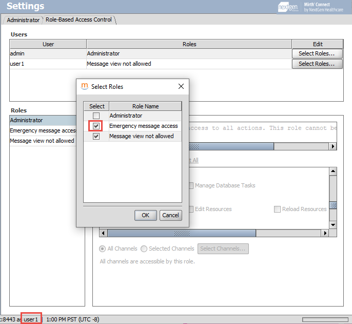 Select roles dialog