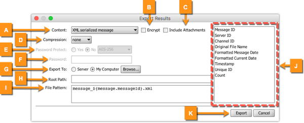 Export Results window used to export channel messages