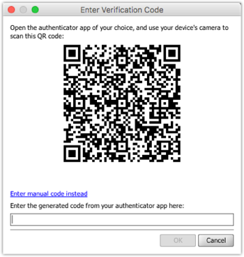 Enter Verification Code window has a QR code to scan with your camera and a field to enter the code manually