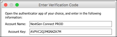 Enter Verification Code window with fields showing the account name and account key