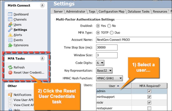 Selecting a user from the Multi-Factor Authentication Settings and then selecting Reset User Credentials from the MFA Tasks pane