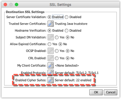 Enabled Cipher Suites option on SSL Settings window