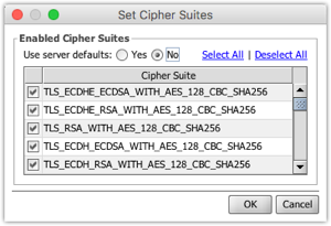 Use server defaults option on Set Cipher Suites window