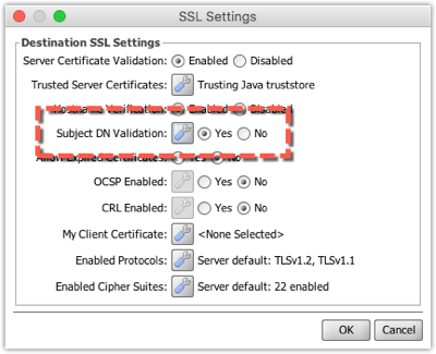 Subject DN Validation option on the SSL Settings window