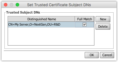 Set Trusted Certificate Subject DNs window displaying Distinguished Name and Full Match values