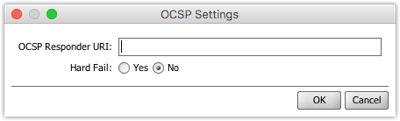 OCSP Settings window with OCSP Responder URI field and Hard Fail option