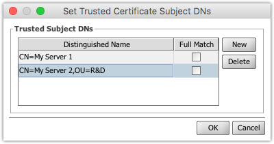 Set Trusted Certificate Subject DNs window with Distinguished Name and Full Match values
