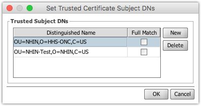 Set Trusted Certificate Subject DNs window