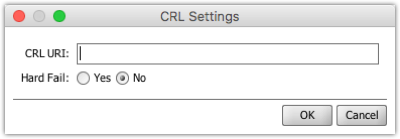 CRL Settings window with CRL URI field and Hard Fail option