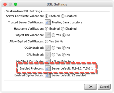 Enabled Protocols option on SSL Settings window
