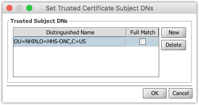 Set Trusted Certification Subject DNs window displaying the Distinguished Name and Full Match values