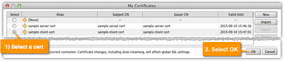 Selecting a Certificate on the My Certificates Window