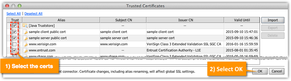 Trusted Certificates Window: Selecting Certificates and Selecting OK