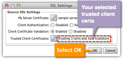 SSL Settings Window Displaying Trusted Client Certificates