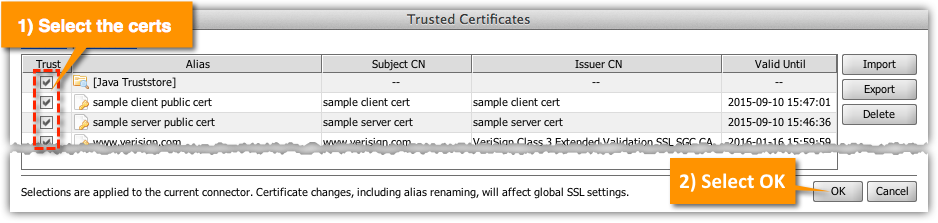 Trusted Certificates Window with Check Boxes for Selecting Certificates