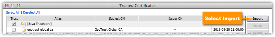 Selecting Import on the Trusted Certificates window