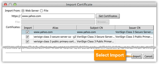 Selecting Import on the Import Certificate window