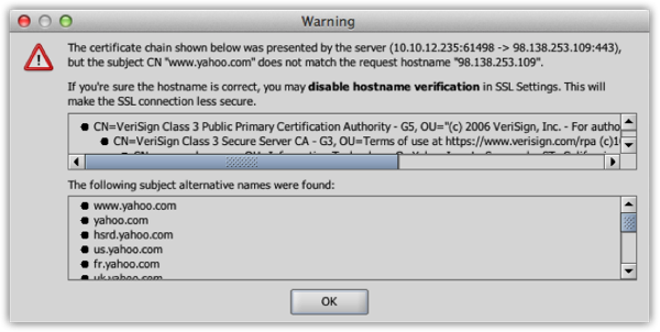 Warning for SSL Connection Failed with an Invalid Hostname