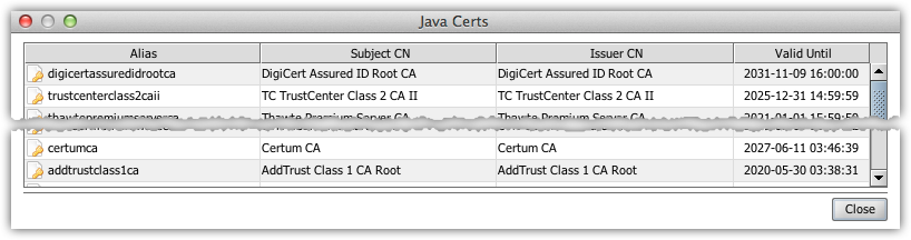 Java Certs window