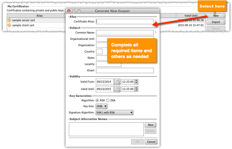 Opening the Generate New Keypair window