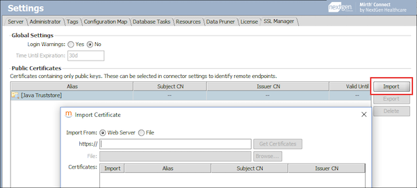 Selecting Import on the Settings Window