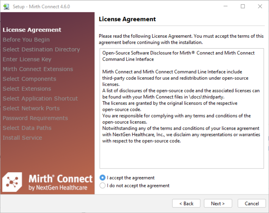 An image of the License Agreement window of the Setup Wizard.