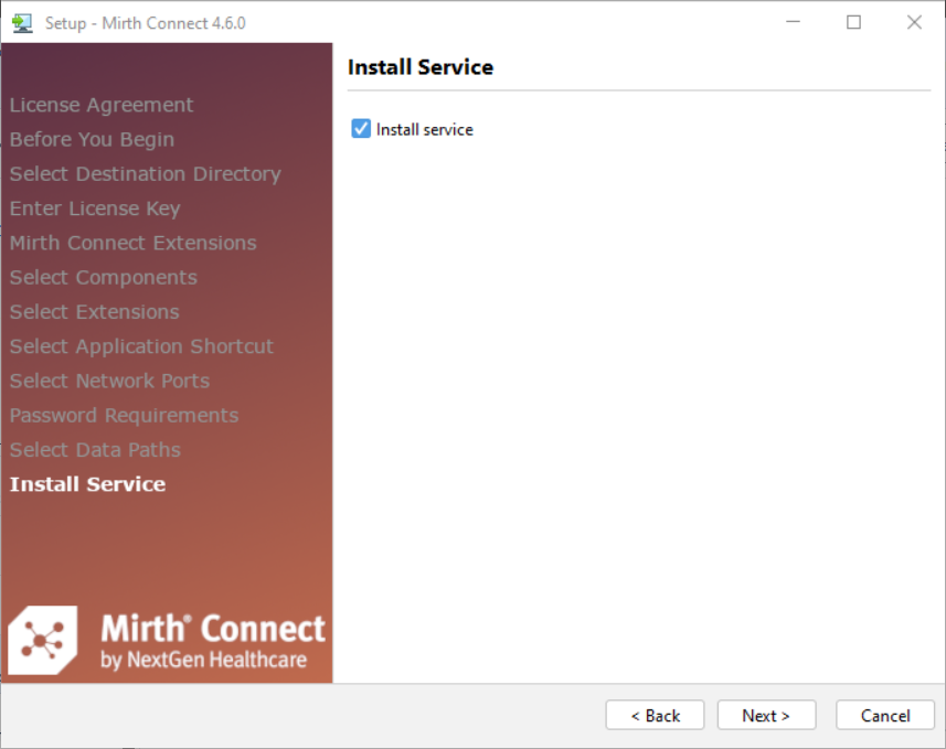 An image of the Server Settings - Service window of the Setup Wizard.