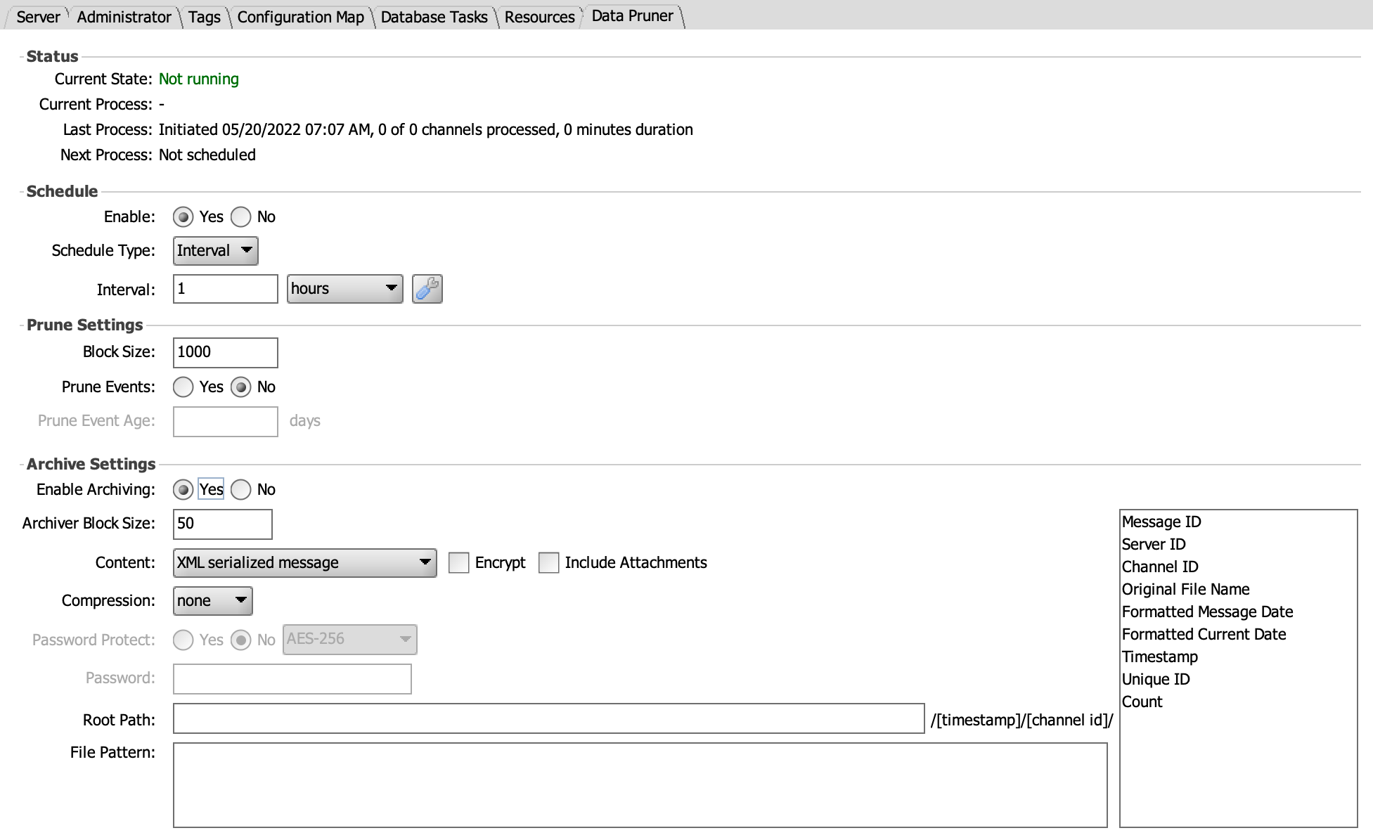 Image of the Data Pruner Settings tab.
