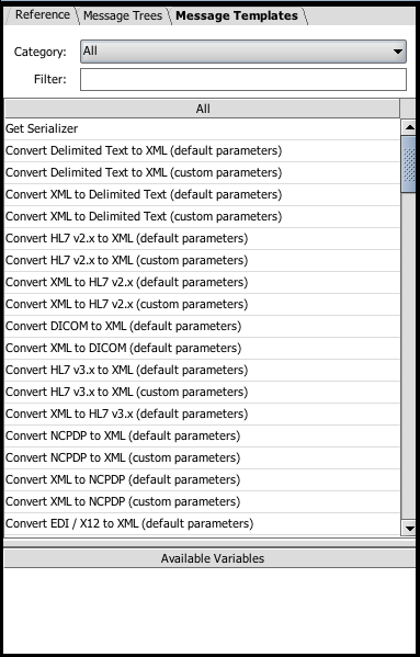 Image of the Reference tab which provides helpful variables and templates you can use within your filter rules and transformer steps.