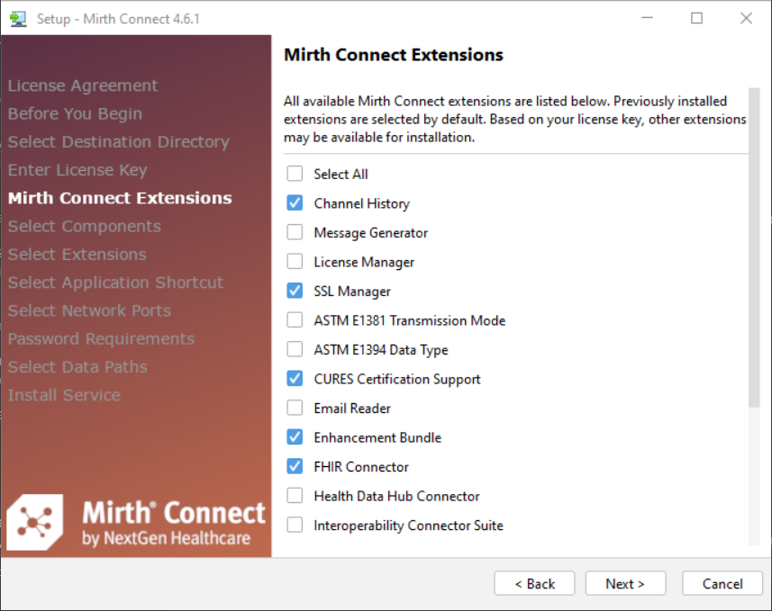 Image of the Mirth Connect Extensions window of the setup wizard