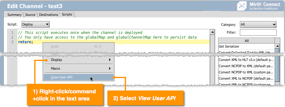 Image of the process of viewing the user API from the JavaScript Editor.