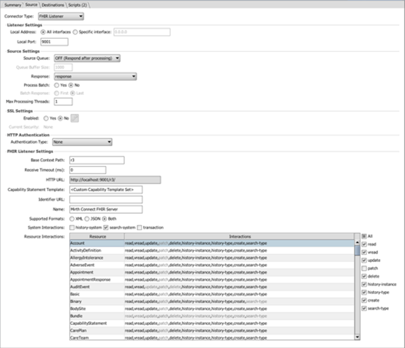 Image of the FHIR Listener configuration window.