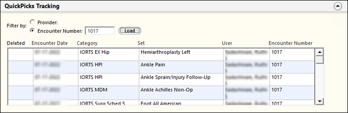 QuickPicks Tracking Filter by Encounter Number
