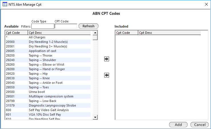 ABN CPT Codes window