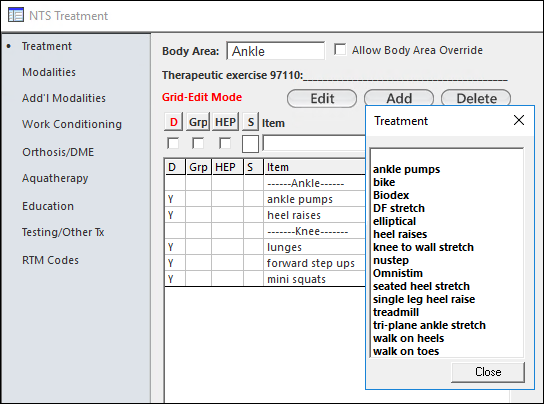 Body Area section and Treatment picklist