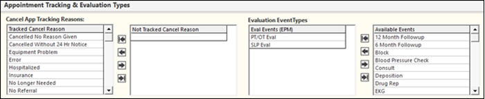 Appointment Tracking & Evaluation Types panel of the System Config template