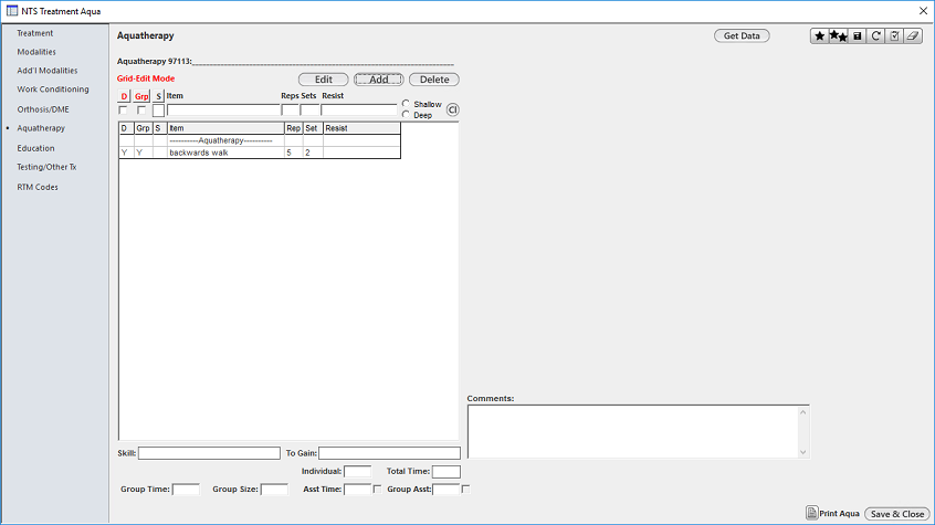 Aquatherapy template in the NTS Treatment Aqua window