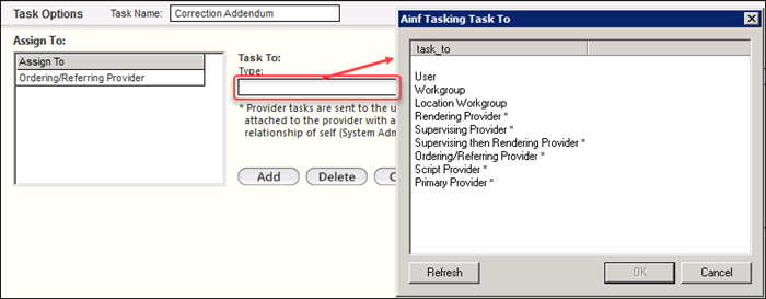 Ainf Tasking Task To picklist opened from the Task To: Type field
