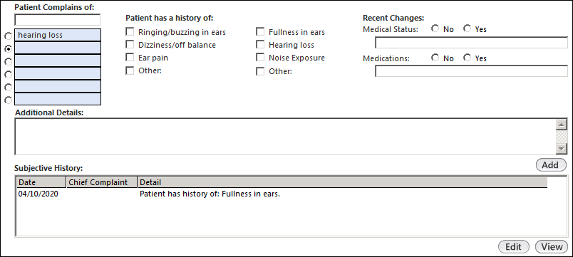 Patient chief complaint fields on the Audiology Subjective panel