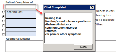 Chief Complaint picklist