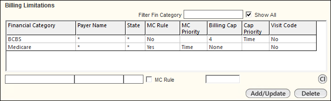Billing Limitations grid
